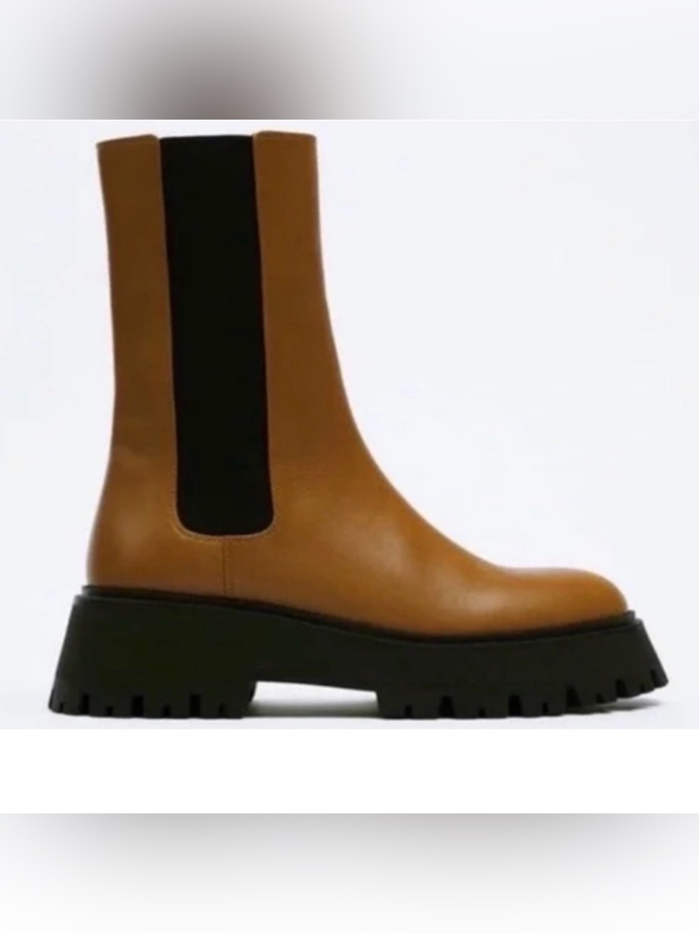 Zara Leather Lug Sole Chunky Ankle Chelsea Combat Boots Cognac Brown Black 37